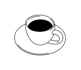Vector isolated one single simple small cup of coffee with saucer colorless black and white contour line easy drawing