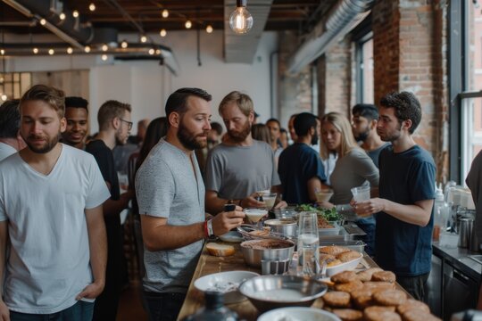 A lively gathering of people engaged in eating and conversation at a social event, with a spread of food laid out, highlighting a casual and friendly atmosphere.