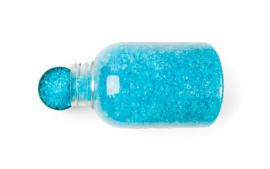 Blue Salt Crystals in Bottle Isolated, Bath Salt for Spa Relax, Cupric Sulfate or Copper Sulfate, Pool Algicide