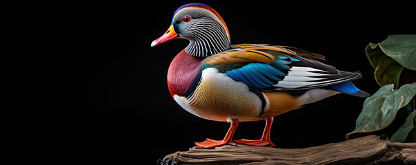 Obraz premium Colorful Mandarin Duck Perched on a Branch Against a Black Background