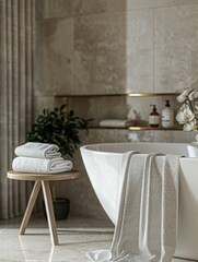 A white bath tub sits next to a wooden stool