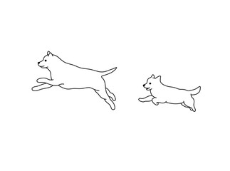 Vector isolated two runnung dogs side view colorless black and white contour line easy drawing