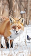 Obraz premium A red fox walks toward a blackbird with its mouth open as if it is about to pounce. The blackbird is poised to take flight