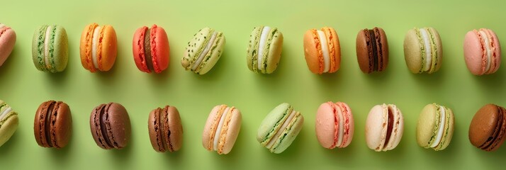 A row of colorful macaroons with different flavors. A sweet treat, a type of almond cookie in close-up.
