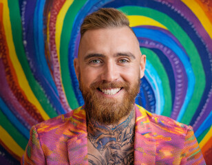 Obraz premium Psychedelic Portrait of a Giggling Man with Tattoos: Celebrating LGBT Pride and Self-Expression