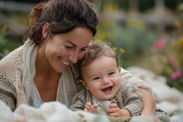 Obraz premium Mother and baby smiling happily together in a sunlit outdoor scene, capturing the beauty of their bond and the joy and serenity of their special moments together.