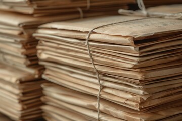 Obraz premium A stack of neatly tied vintage documents, showcasing the texture of aged paper and a sense of history and organization.
