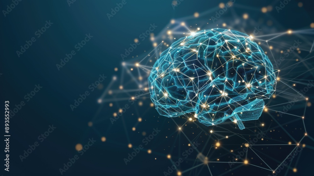 Poster a digital representation of a human brain with a network of connecting lines and glowing points
