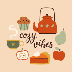 Autumn hand drawn lettering cozy vibes. Fall season handwritten slogan. Autumn phrase with cute cozy design elements