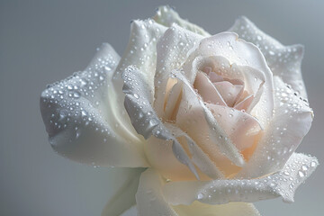Fototapeta premium A close-up of a white rose covered in dewdrops, captured in soft lighting to highlight its delicate beauty. 