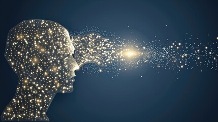 A blue, digital human profile, rendered in a side view, with glowing lines extending out of the head and into the darkness