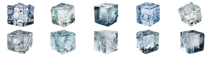 Obraz premium Collection various of Ice cubes isolated on background, different size and shape of crystal ice for cold drinks.