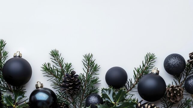 Winter holiday setup with evergreens and dark ornaments on white backdrop. Holiday concept, new year theme. Front view, blank space