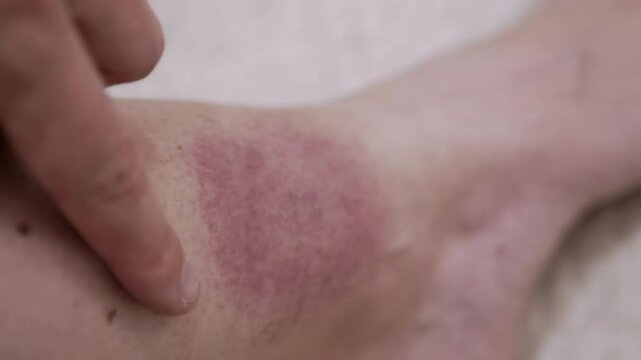 Close up, Formation of a Large Red Spot on the Skin from a Tick Bite. Irritation, itching, swelling, infection, redness around skin of leg. Lyme disease. Insect, mosquito, encephalitis tick bite.