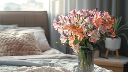 Bedside table decor with alstroemeria flowers in bedroom