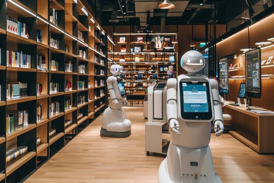 An automated library with robotic arms sorting and organising books. The library has high-tech shelves with digital labels and self-checkout kiosks.