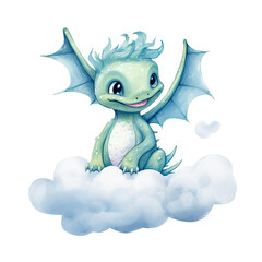 Fototapeta premium Cute Dragon Riding on a Cloud Clipart Illustration