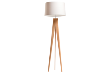 minimalist Scandinavian-style floor lamp with a sleek, tapered wooden body and a white fabric shade, isolated on a white background