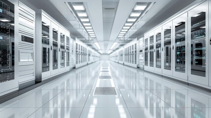 modern futuristic interior of a high-tech server room with huge data volumes, data center, white color palette