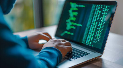 programmer or coder or hacker working, a person in a hood typing on a laptop with green code on the screen