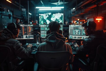 Obraz premium Three individuals in a dimly lit room working on advanced computer systems during the night. They are focused and coordinated, possibly monitoring a global security network.