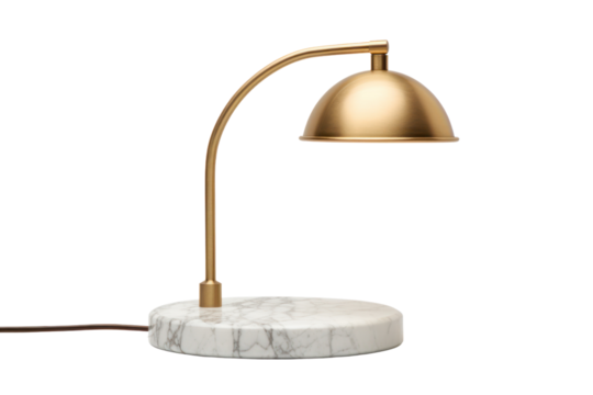 minimalist desk lamp made of brass and marble, isolated on white background.