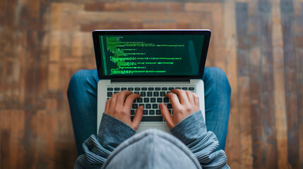 programmer or coder or hacker working, a person in a hood typing on a laptop with green code on the screen