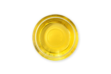 Vegetable oil in glass bowl isolated on white, top view