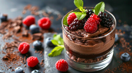 decadent dessert with rich chocolate and fresh berries.