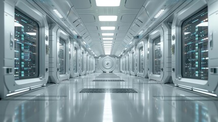 Naklejka premium modern futuristic interior of a high-tech server room with huge data volumes, data center, white color palette