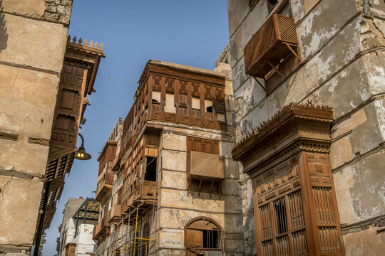 The Al-Balad, a historic Jeddah old town, known for beautiful architecture and wooden windows, UNESCO site, in Saudi Arabia.

