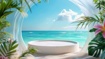 Obraz premium Abstract summer vacation product display in 3D render, featuring a realistic podium against a blue ocean background with tropical elements