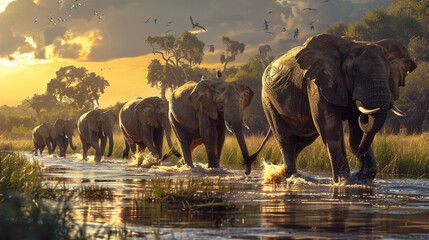 A herd of elephants crossing a river.