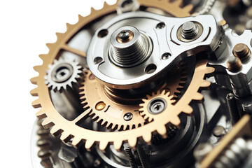 macro photograph of the tiny gears and mechanisms inside an electric drill, isolated on a white background.