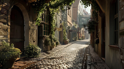 A quiet cobblestone alley in a historic European town.