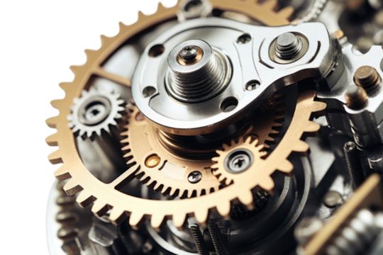 macro photograph of the tiny gears and mechanisms inside an electric drill, isolated on a white background.