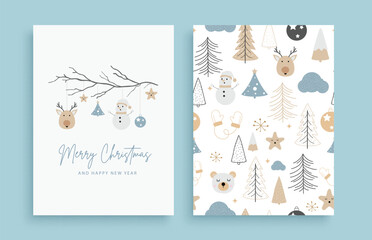 Merry Christmas modern elegant greeting card set and seamless pattern on light background - Vector Design