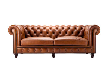luxurious Chesterfield sofa with deep button tufting and rolled arms, handcrafted from premium leather for an opulent look. Isolated on white background