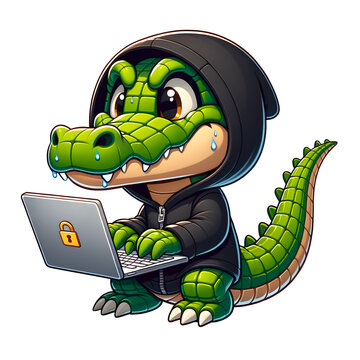 recommend clip art: Cartoon illustration (PNG 300 dpi), Crocodile is hacking systems !