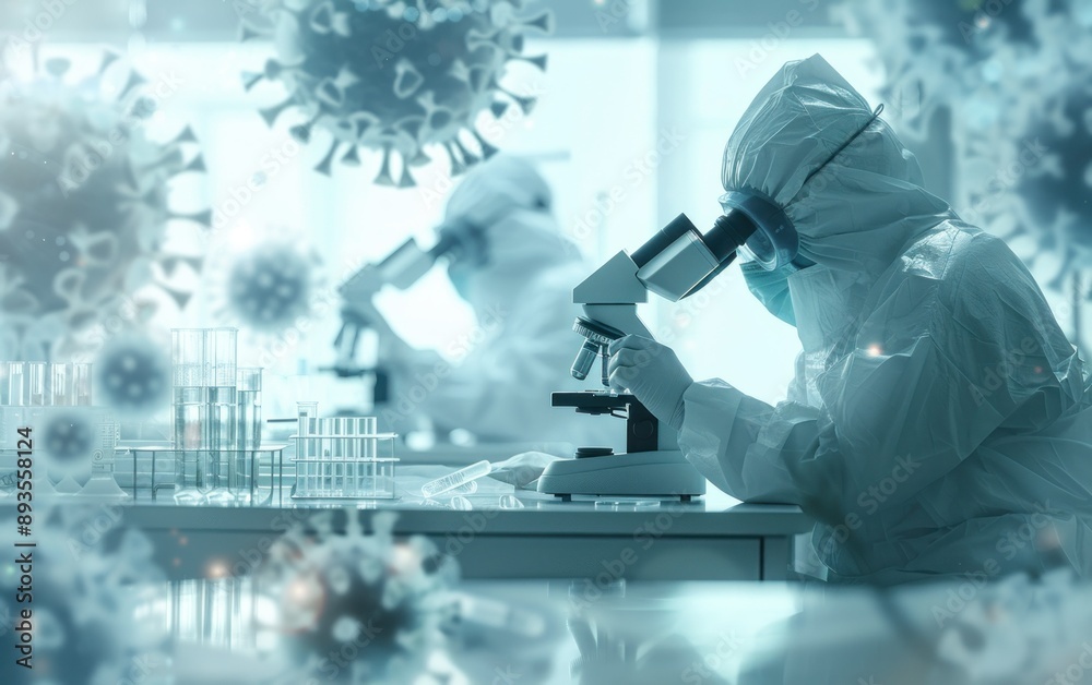 Poster A Scientist in Protective Gear Uses a Microscope to Study Virus Samples in a Lab