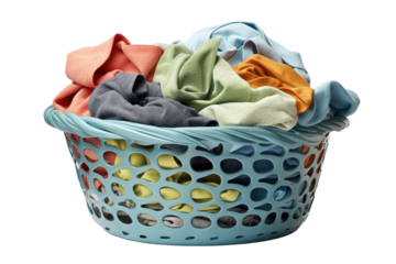 laundry basket filled with clean laundry, isolated on a white background