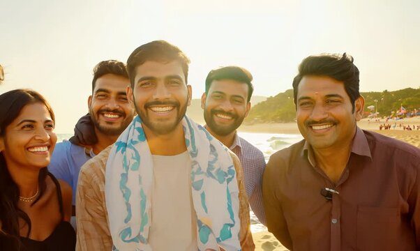 Group portrait of an Indian man in his 30s wearing a foulard in a beach 