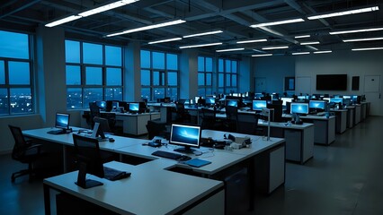 Empty office at night with computers and a city view.
