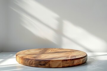 Empty beautiful round wood table top counter on interior in clean and bright with shadow background, Ready,white background, for product montage  with generative ai