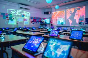 A classroom equipped with augmented reality (AR) technology. Tablets and AR glasses are placed on desks, with holographic educational content projected into the air.