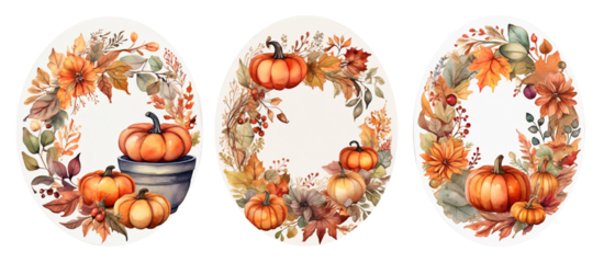 Vintage style of Thanksgiving traditional wreaths decorated with dry autumn leaves and pumpkins on transparent background.