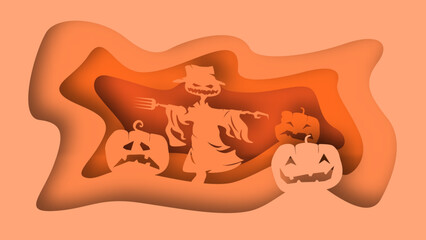 Paper Cut Halloween Background. Halloween Paper Cut Landscape with Pumpkin Lanterns and Scarecrow