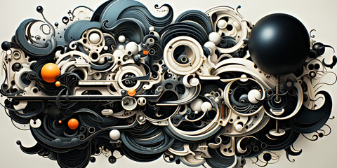 Abstract Geometric Pattern with Spheres and Curved Elements. Surreal Art Design for Modern Decor