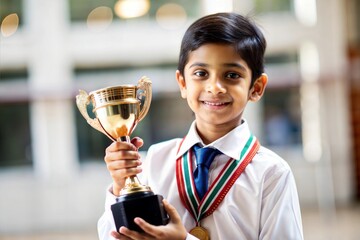 Indian student holding a trophy in school uniform

