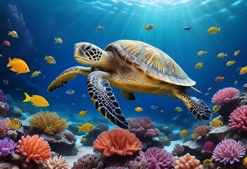 Obraz premium Turtle with group of colorful fish and sea animals with colorful coral underwater in ocean. Generative Ai 